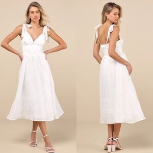Lulus Aero White Embroidered Tie-Strap A-Line Midi Dress Wedding Party Formal